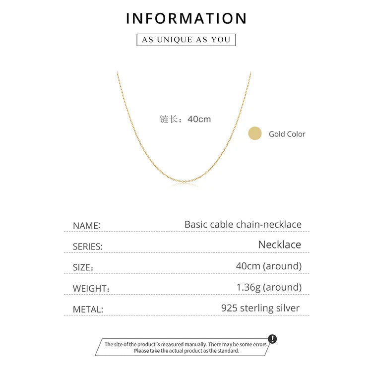Classic Basic Chain 100% 925 Sterling Silver Lobster Clasp Adjustable Necklace Chain Fashion Jewelry for Women