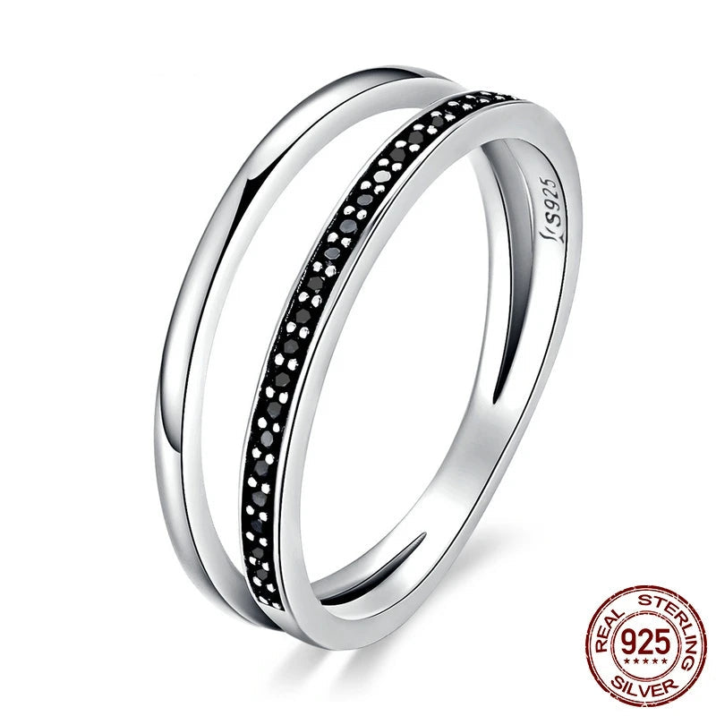 Genuine 925 Sterling Silver Double Circle Black Clear CZ Stackable Finger Ring for Women Fine Silver Jewelry Gift SCR082
