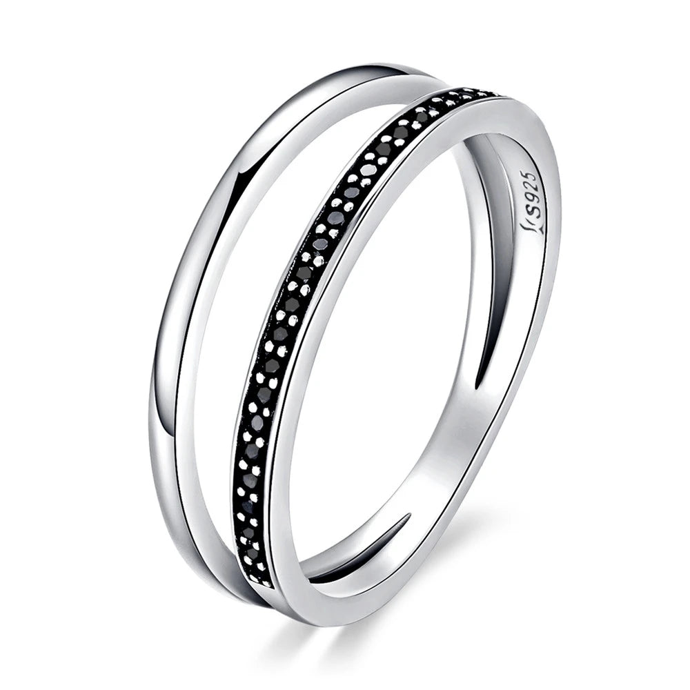 Genuine 925 Sterling Silver Double Circle Black Clear CZ Stackable Finger Ring for Women Fine Silver Jewelry Gift SCR082