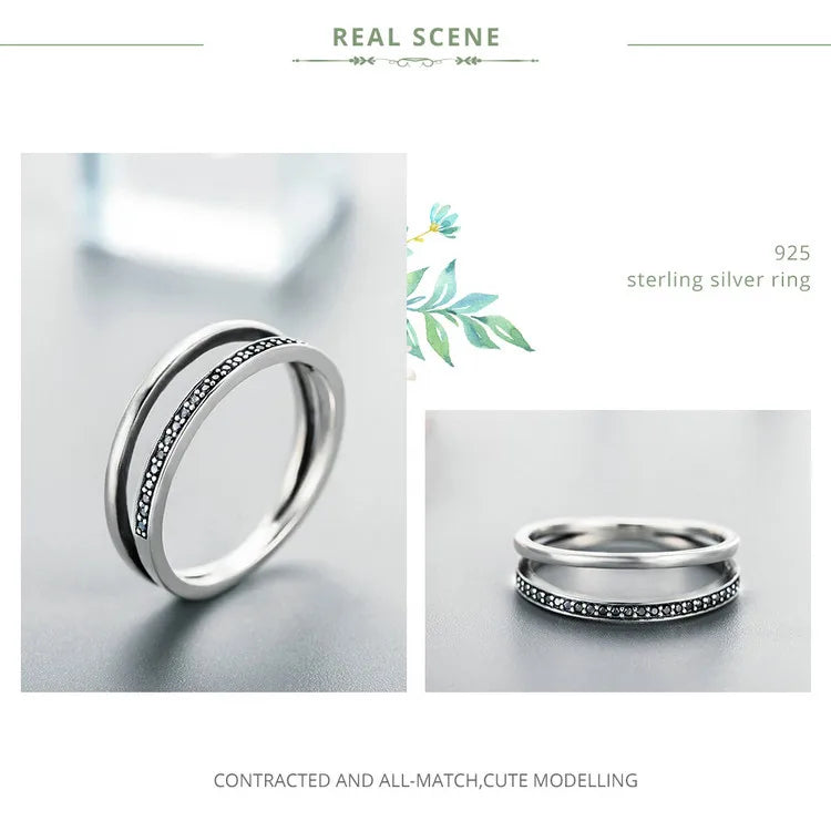 Genuine 925 Sterling Silver Double Circle Black Clear CZ Stackable Finger Ring for Women Fine Silver Jewelry Gift SCR082