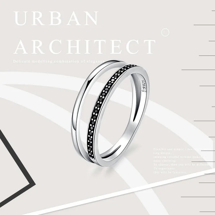 Genuine 925 Sterling Silver Double Circle Black Clear CZ Stackable Finger Ring for Women Fine Silver Jewelry Gift SCR082