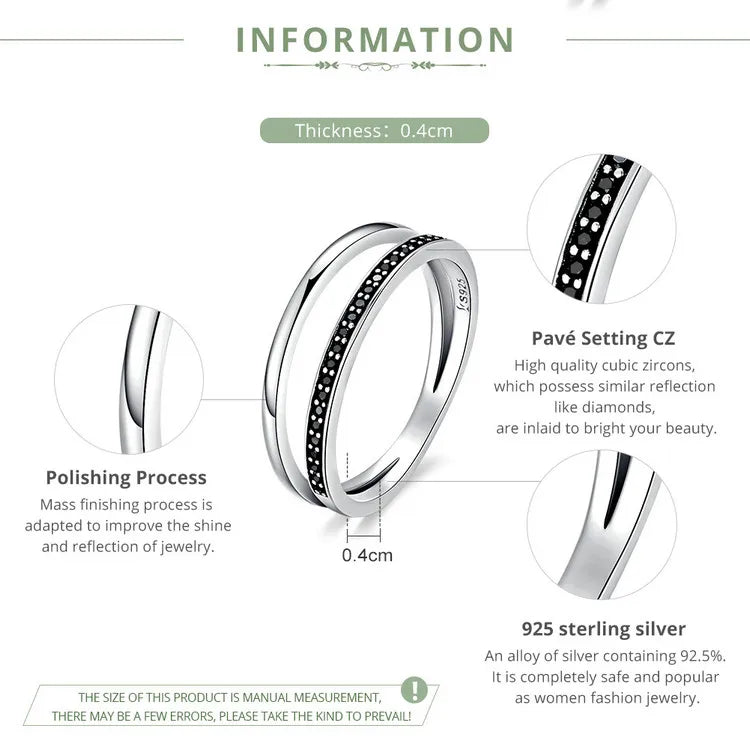 Genuine 925 Sterling Silver Double Circle Black Clear CZ Stackable Finger Ring for Women Fine Silver Jewelry Gift SCR082