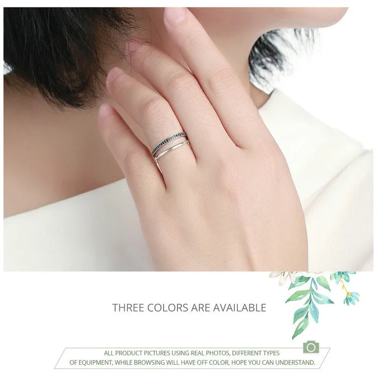 Genuine 925 Sterling Silver Double Circle Black Clear CZ Stackable Finger Ring for Women Fine Silver Jewelry Gift SCR082