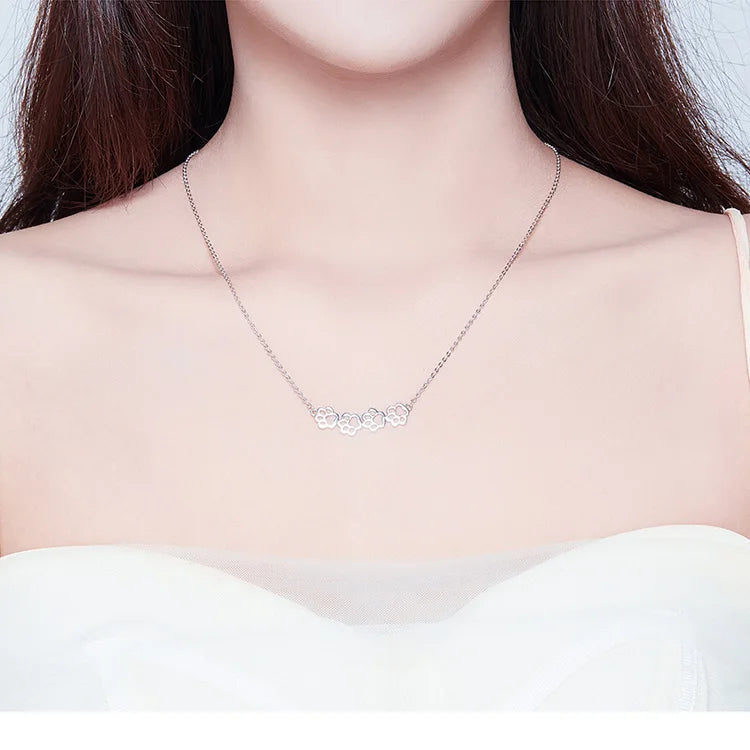 Dog and Cat Paw Silver Choker Necklace for Women 925 Sterling Silver Cat Pet Footprint Short Neckalces Accessories SCN346