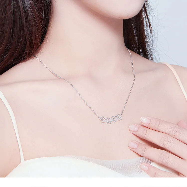 Dog and Cat Paw Silver Choker Necklace for Women 925 Sterling Silver Cat Pet Footprint Short Neckalces Accessories SCN346