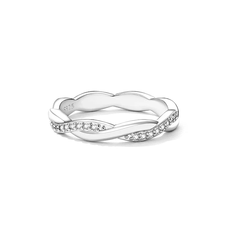 925 Sterling Silver Simple Twisted Ring 14K Gold Plated Cubic Zirconia Eternity Band for Women 3 Colors BSR248