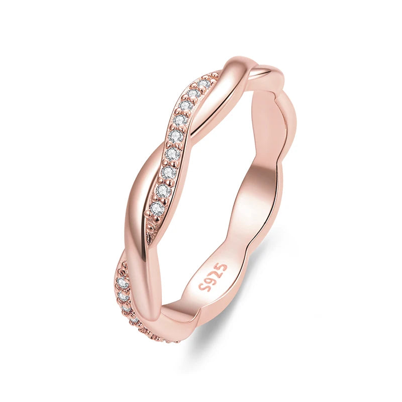 925 Sterling Silver Simple Twisted Ring 14K Gold Plated Cubic Zirconia Eternity Band for Women 3 Colors BSR248