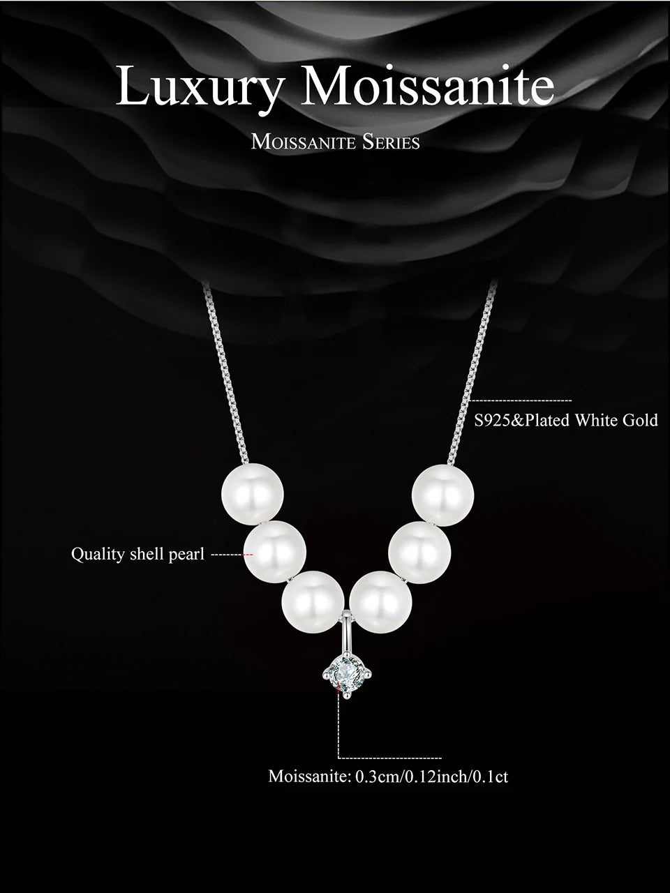 Elegant Moissanite Pearl Pendant Necklace For Women Wedding Party 925 Sterling Silver with White Gold Plating Jewelry
