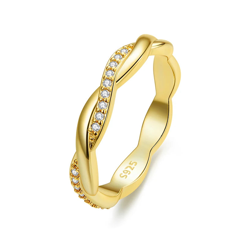 925 Sterling Silver Simple Twisted Ring 14K Gold Plated Cubic Zirconia Eternity Band for Women 3 Colors BSR248