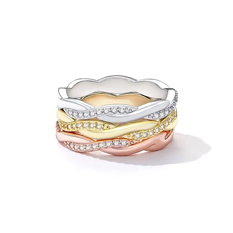 925 Sterling Silver Simple Twisted Ring 14K Gold Plated Cubic Zirconia Eternity Band for Women 3 Colors BSR248