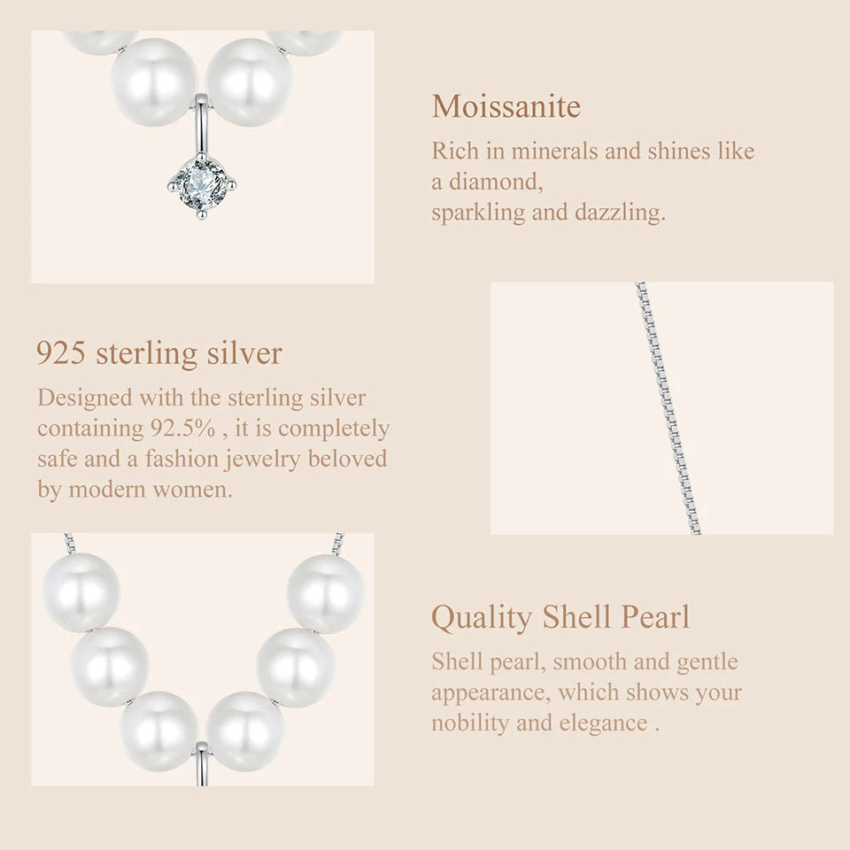 Elegant Moissanite Pearl Pendant Necklace For Women Wedding Party 925 Sterling Silver with White Gold Plating Jewelry