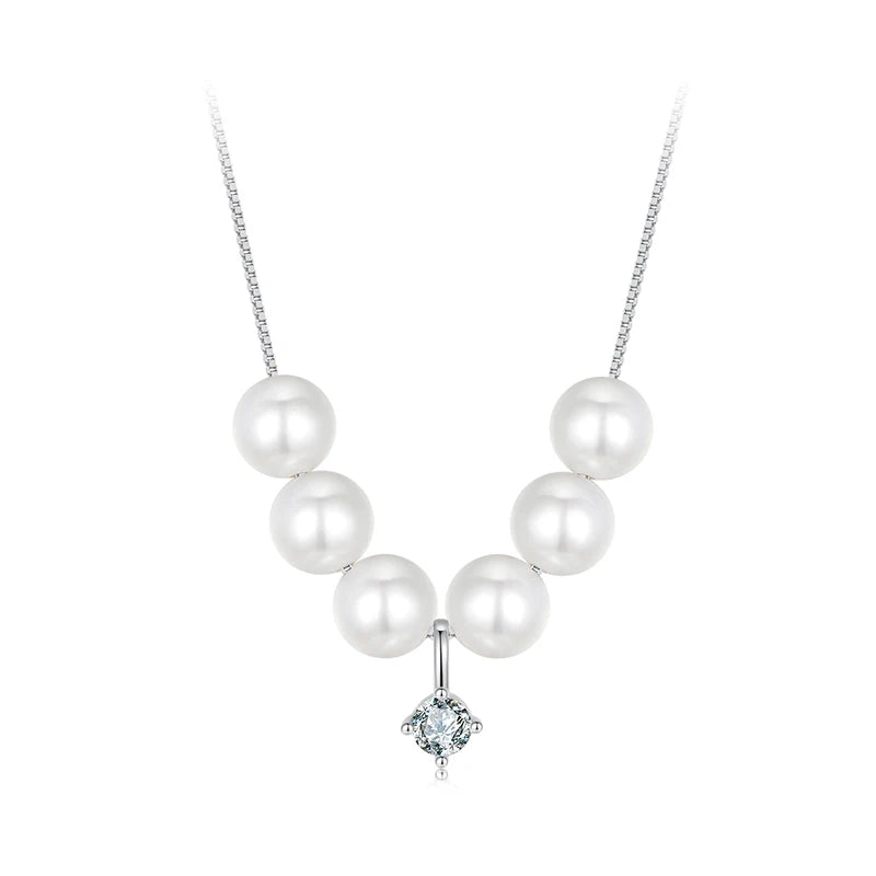 Elegant Moissanite Pearl Pendant Necklace For Women Wedding Party 925 Sterling Silver with White Gold Plating Jewelry