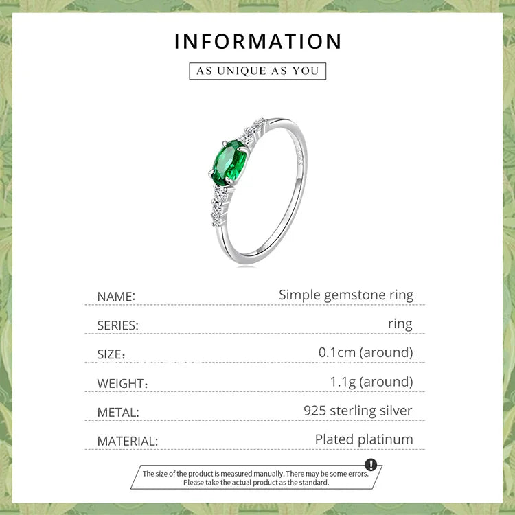 925 Sterling Silver Simple Gemstone Ring for Women Green Zirconium Ring Fine Jewelry Wedding Bridal Wedding Gift BSR265