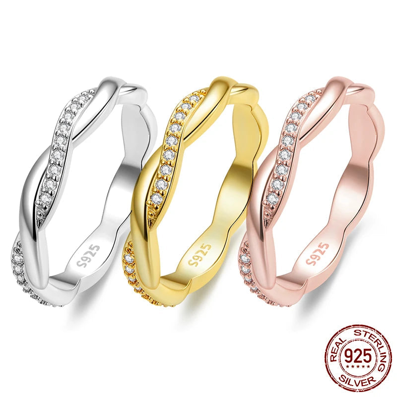 925 Sterling Silver Simple Twisted Ring 14K Gold Plated Cubic Zirconia Eternity Band for Women 3 Colors BSR248