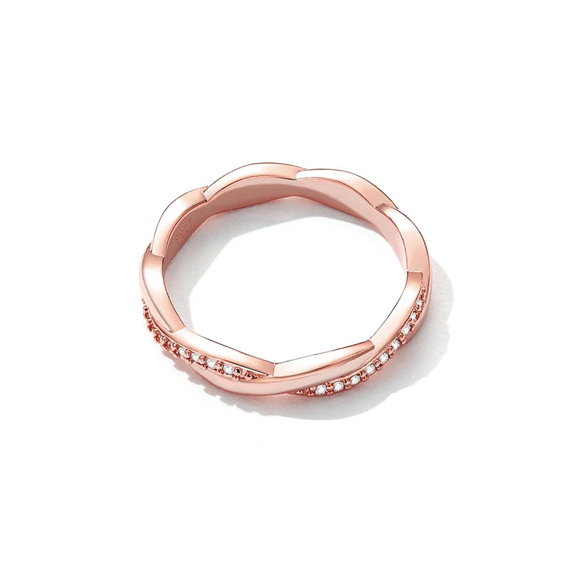 925 Sterling Silver Simple Twisted Ring 14K Gold Plated Cubic Zirconia Eternity Band for Women 3 Colors BSR248