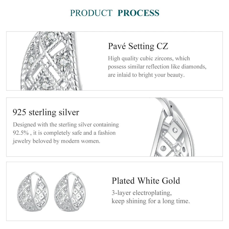 Hollow Lace Huggie Hoop Earrings 925 Sterling Silver CZ Hypoallergenic Ear Buckles for Women Jewelry Gift BSE1035