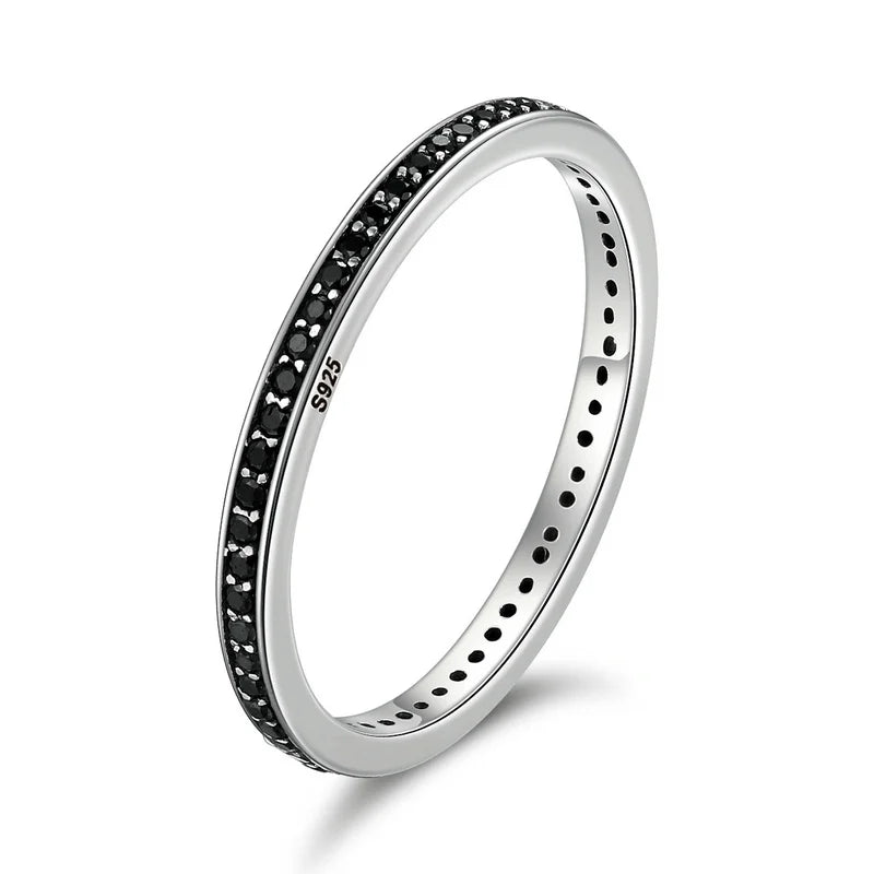 Genuine 925 Sterling Silver Double Circle Black Clear CZ Stackable Finger Ring for Women Fine Silver Jewelry Gift SCR082