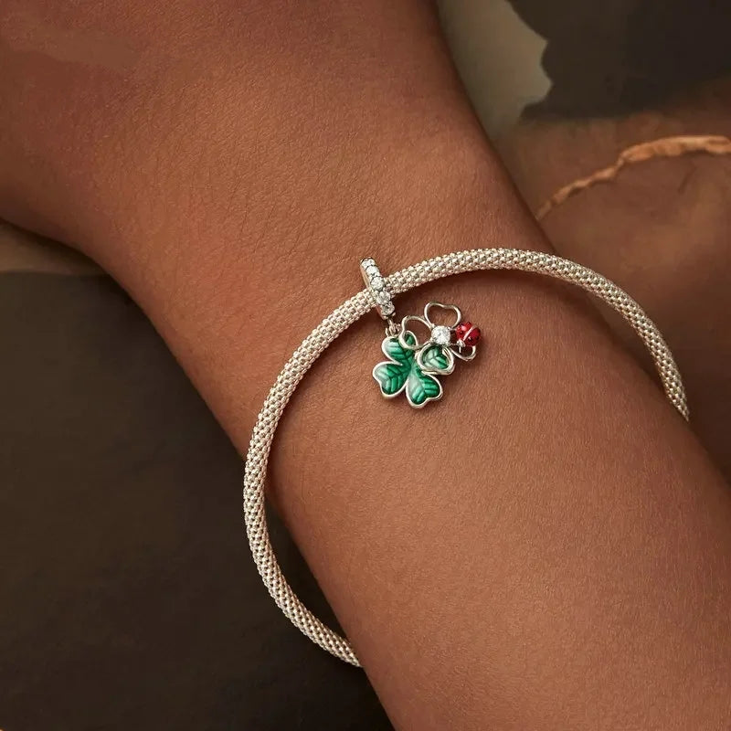 100%925 Sterling Silver Four-Leaf Clover Pendant Charm For Women Fit Bracelet DIY Necklace Jewelry Birthday Party Gift