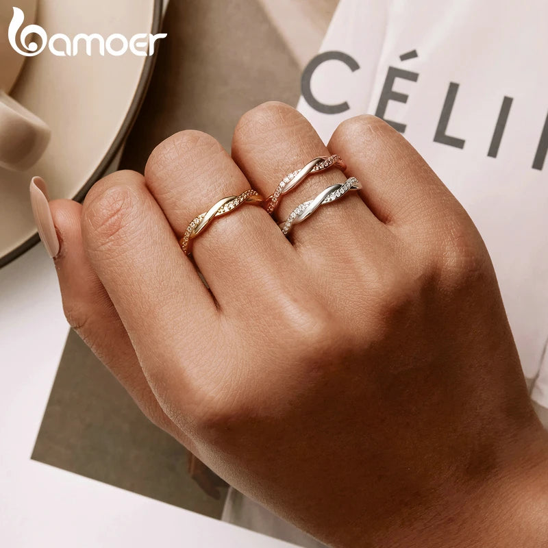 925 Sterling Silver Simple Twisted Ring 14K Gold Plated Cubic Zirconia Eternity Band for Women 3 Colors BSR248