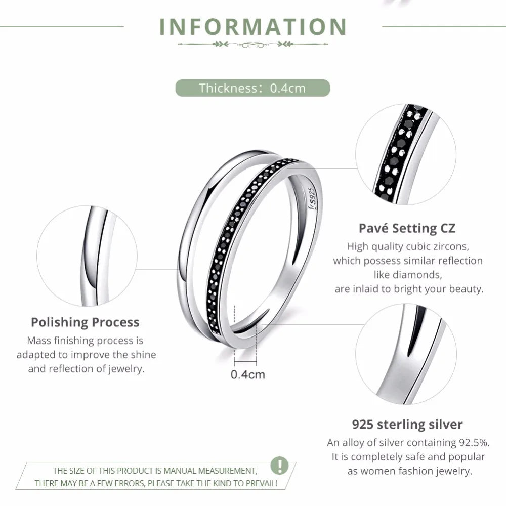 Genuine 925 Sterling Silver Double Circle Black Clear CZ Stackable Finger Ring for Women Fine Silver Jewelry Gift SCR082
