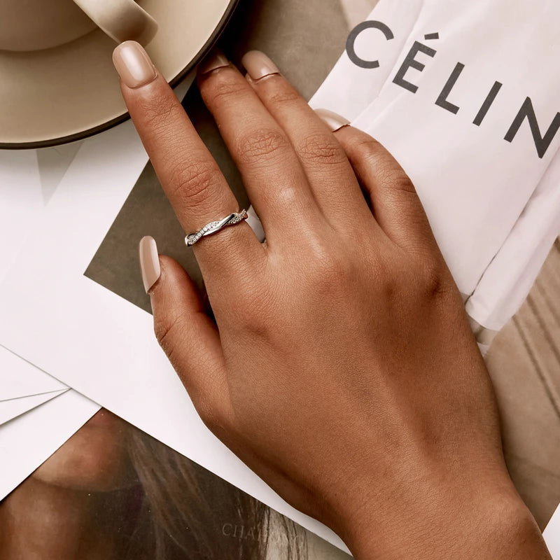 925 Sterling Silver Simple Twisted Ring 14K Gold Plated Cubic Zirconia Eternity Band for Women 3 Colors BSR248