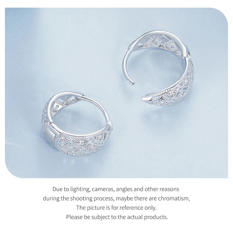 Hollow Lace Huggie Hoop Earrings 925 Sterling Silver CZ Hypoallergenic Ear Buckles for Women Jewelry Gift BSE1035
