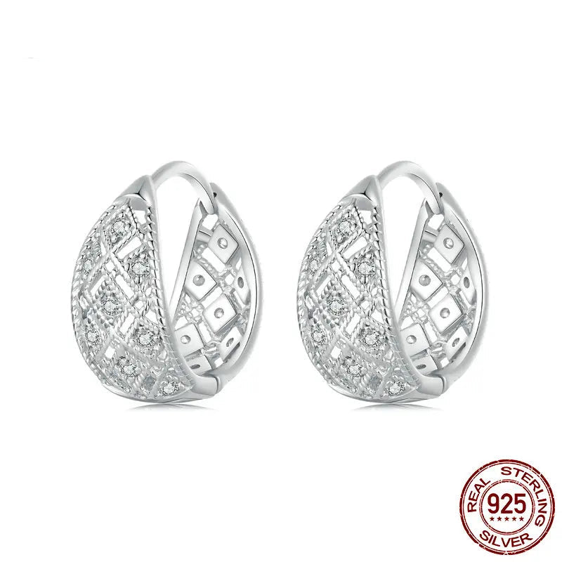 Hollow Lace Huggie Hoop Earrings 925 Sterling Silver CZ Hypoallergenic Ear Buckles for Women Jewelry Gift BSE1035