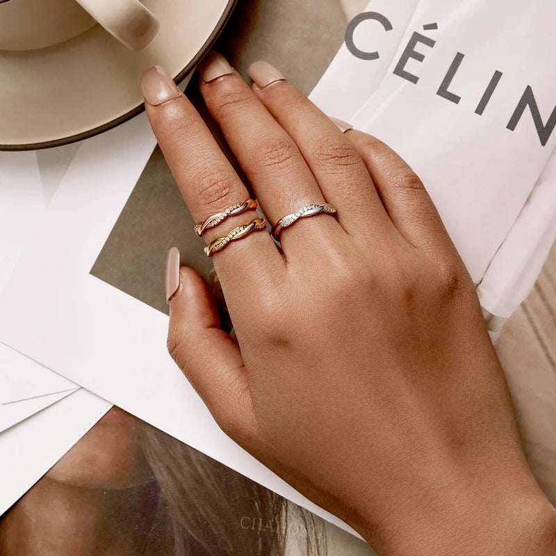 925 Sterling Silver Simple Twisted Ring 14K Gold Plated Cubic Zirconia Eternity Band for Women 3 Colors BSR248