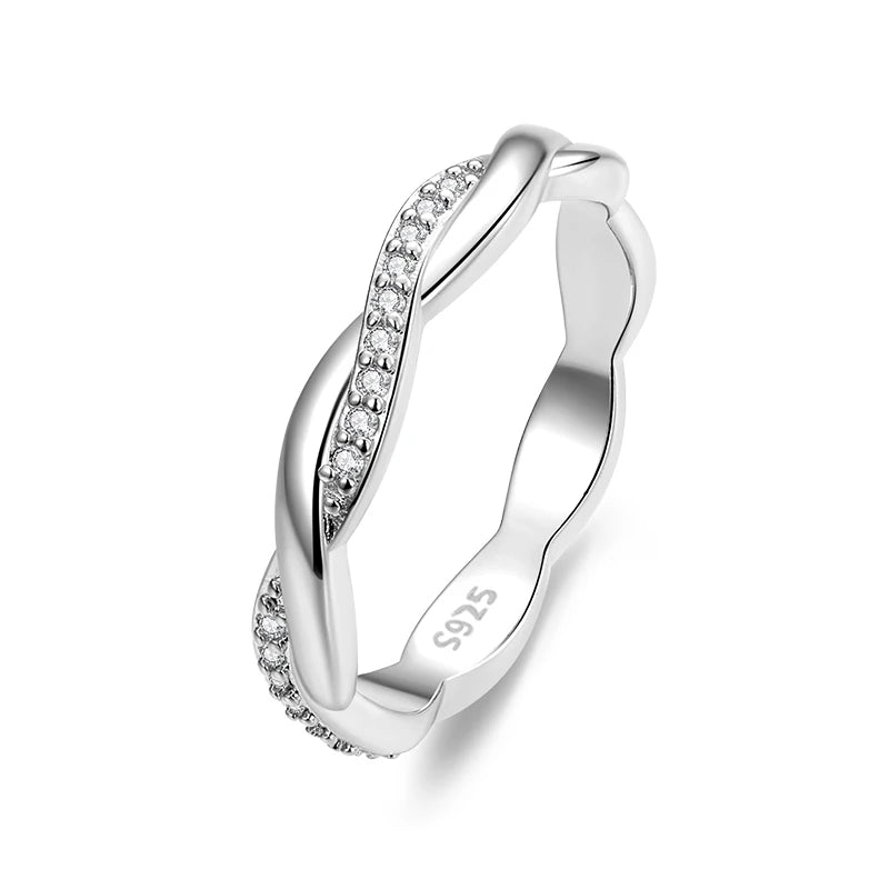 925 Sterling Silver Simple Twisted Ring 14K Gold Plated Cubic Zirconia Eternity Band for Women 3 Colors BSR248