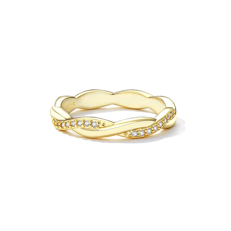 925 Sterling Silver Simple Twisted Ring 14K Gold Plated Cubic Zirconia Eternity Band for Women 3 Colors BSR248